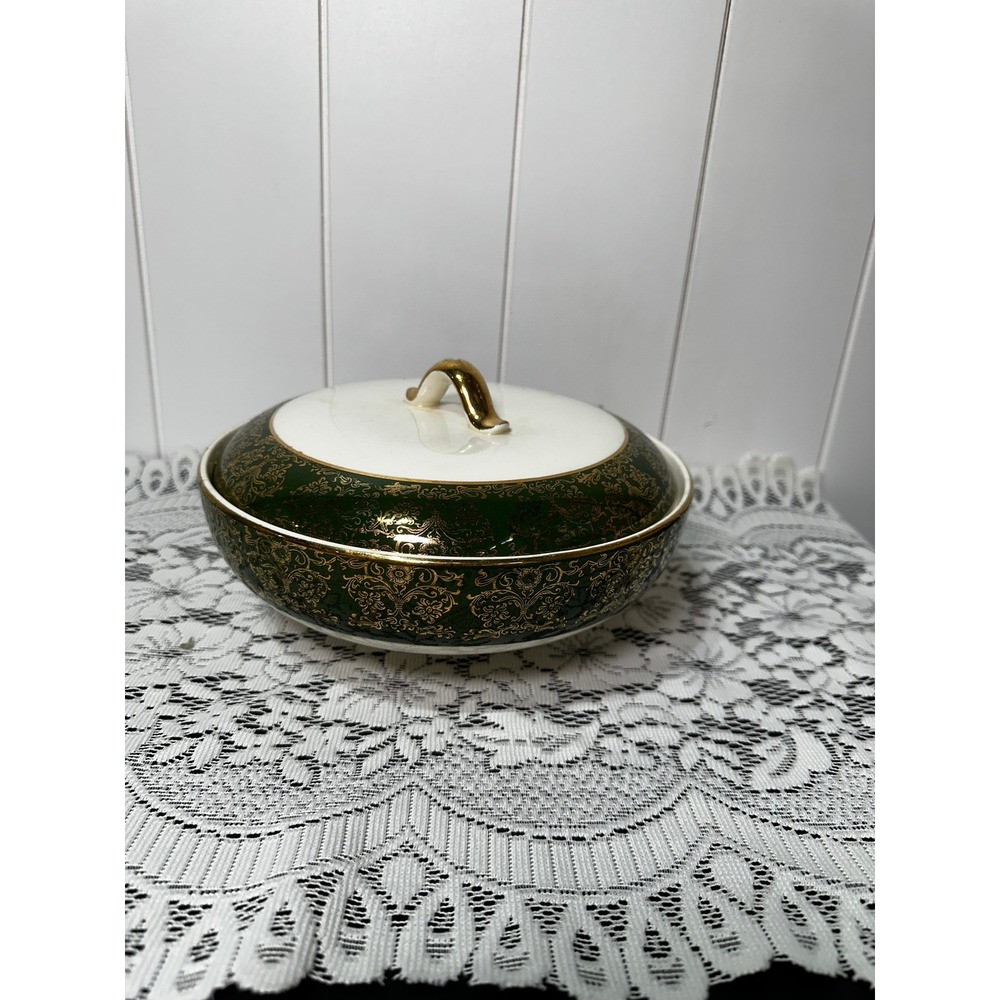 Vintage Green & 22K Gold Filigree Ceramic Lidded Serving Bowl Hollywood Regency
